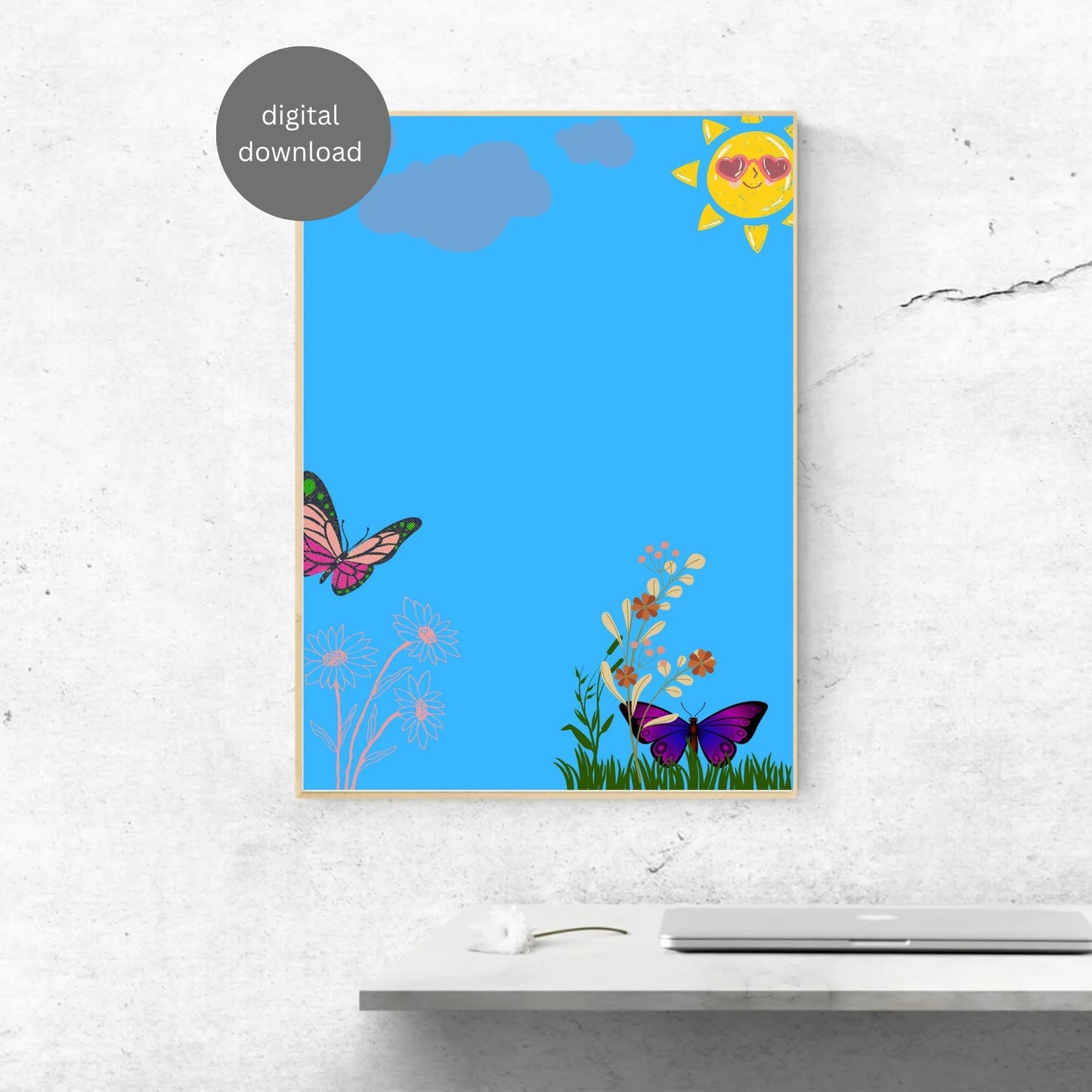 Colorful Butterfly & Sun Wall Art – Bright Nature Printable Poster | Kids Room Decor | Digital Download