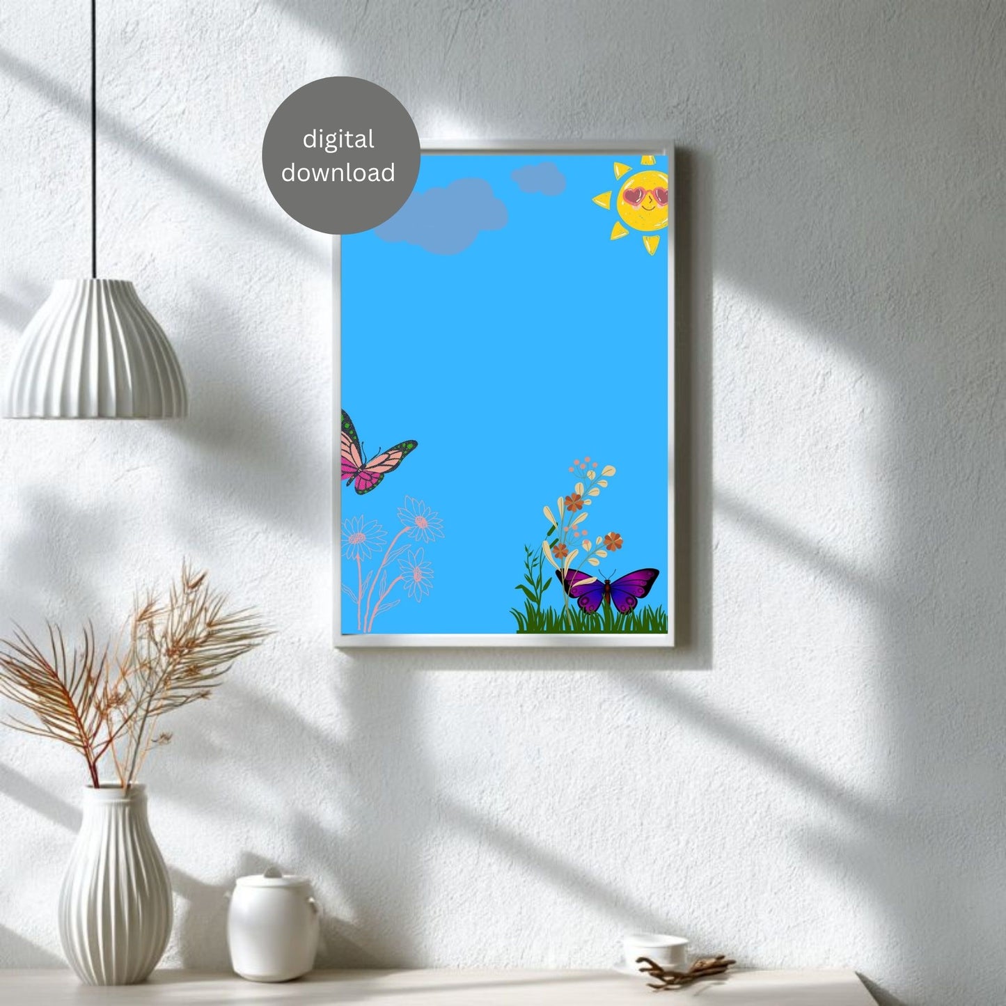 Colorful Butterfly & Sun Wall Art – Bright Nature Printable Poster | Kids Room Decor | Digital Download