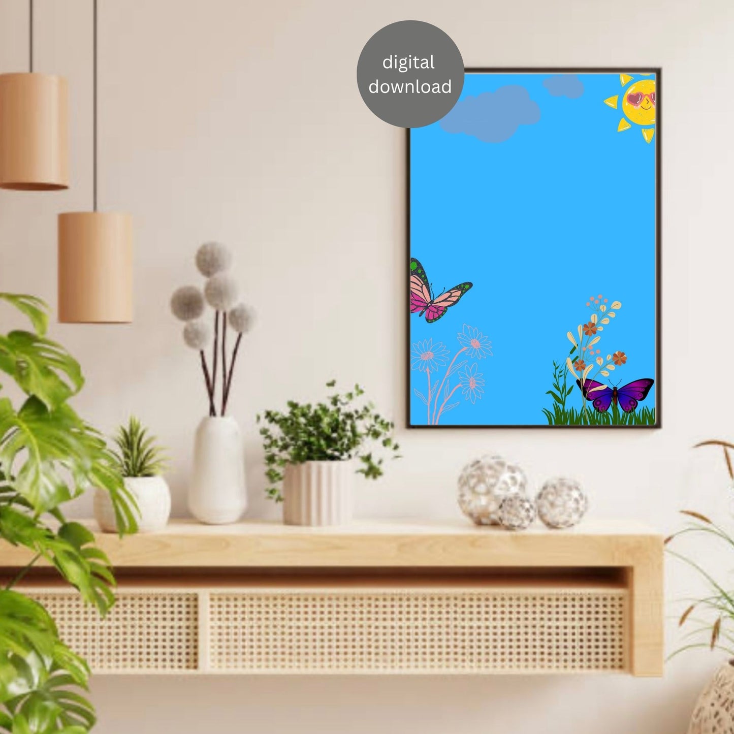 Colorful Butterfly & Sun Wall Art – Bright Nature Printable Poster | Kids Room Decor | Digital Download