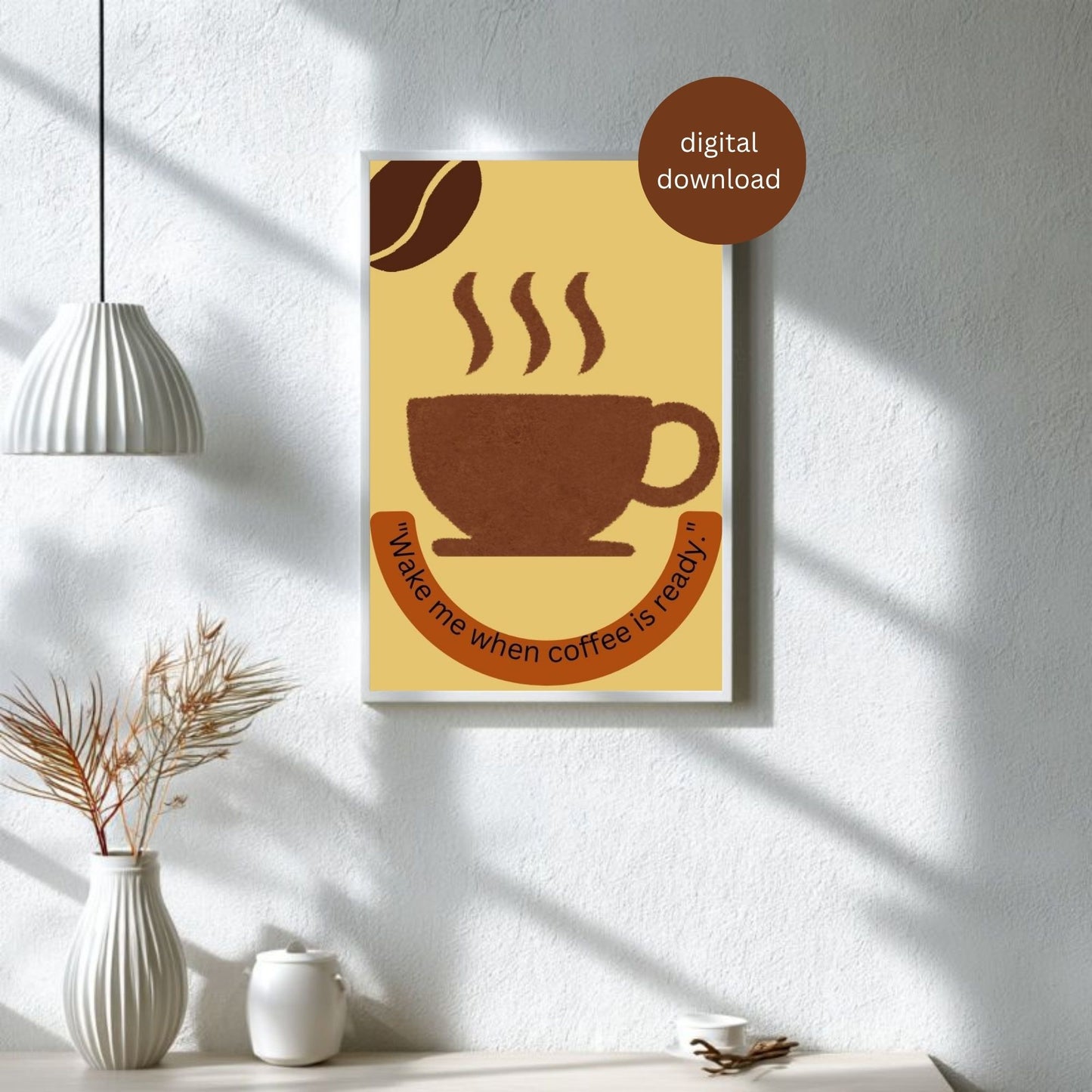 Minimalist Coffee Wall Art Printable - "Wake Me When Coffee is Ready" - Kitchen Digital Download | Cozy Café Decor | Modern Coffee Quote Poster