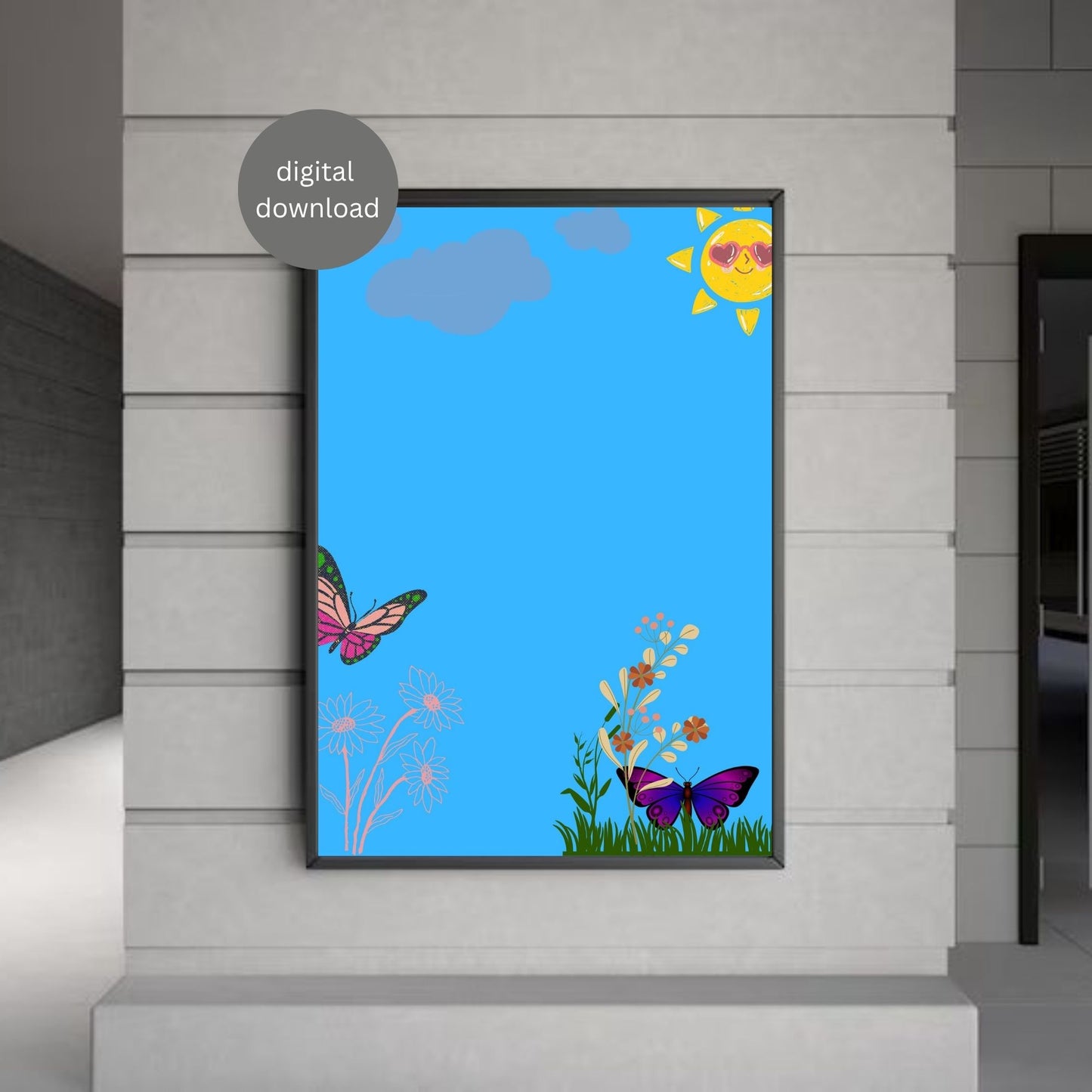 Colorful Butterfly & Sun Wall Art – Bright Nature Printable Poster | Kids Room Decor | Digital Download