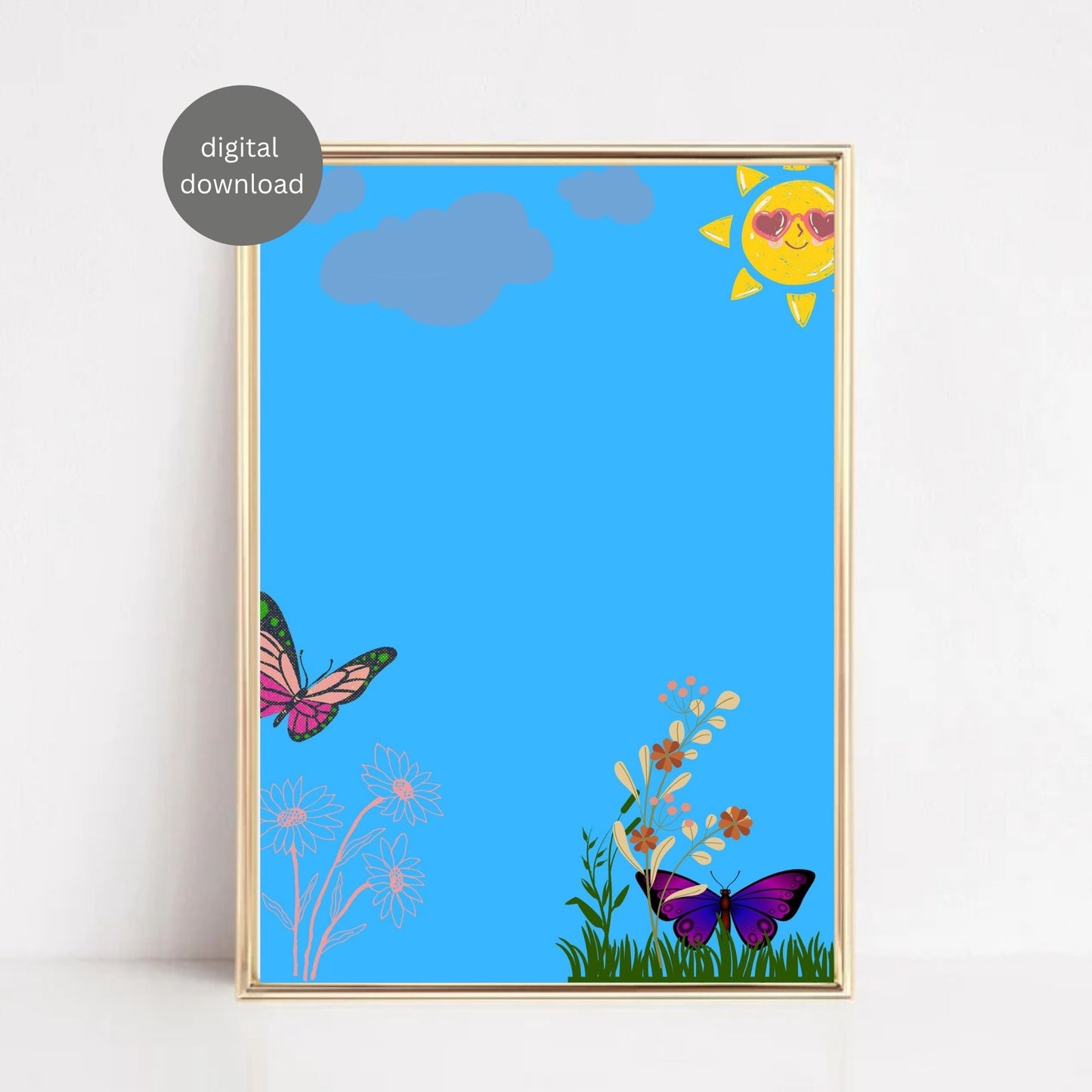 Colorful Butterfly & Sun Wall Art – Bright Nature Printable Poster | Kids Room Decor | Digital Download