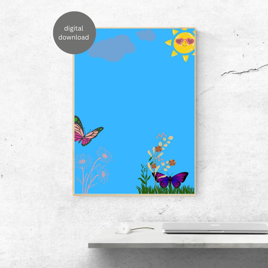 Colorful Butterfly & Sun Wall Art – Bright Nature Printable Poster | Kids Room Decor | Digital Download